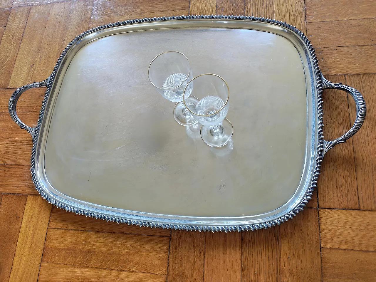 English silver serving tray, George III style, 30s 1