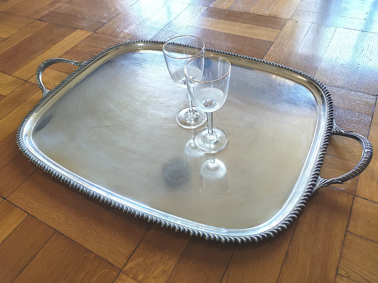 English silver serving tray, George III style, 30s 2