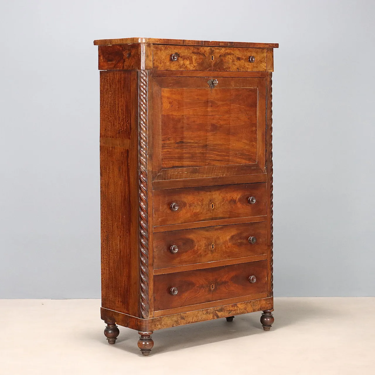 Secretaire in mogano e piuma di mogano, '800 1