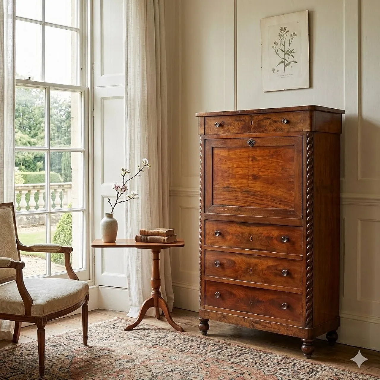 Secretaire in mogano e piuma di mogano, '800 2