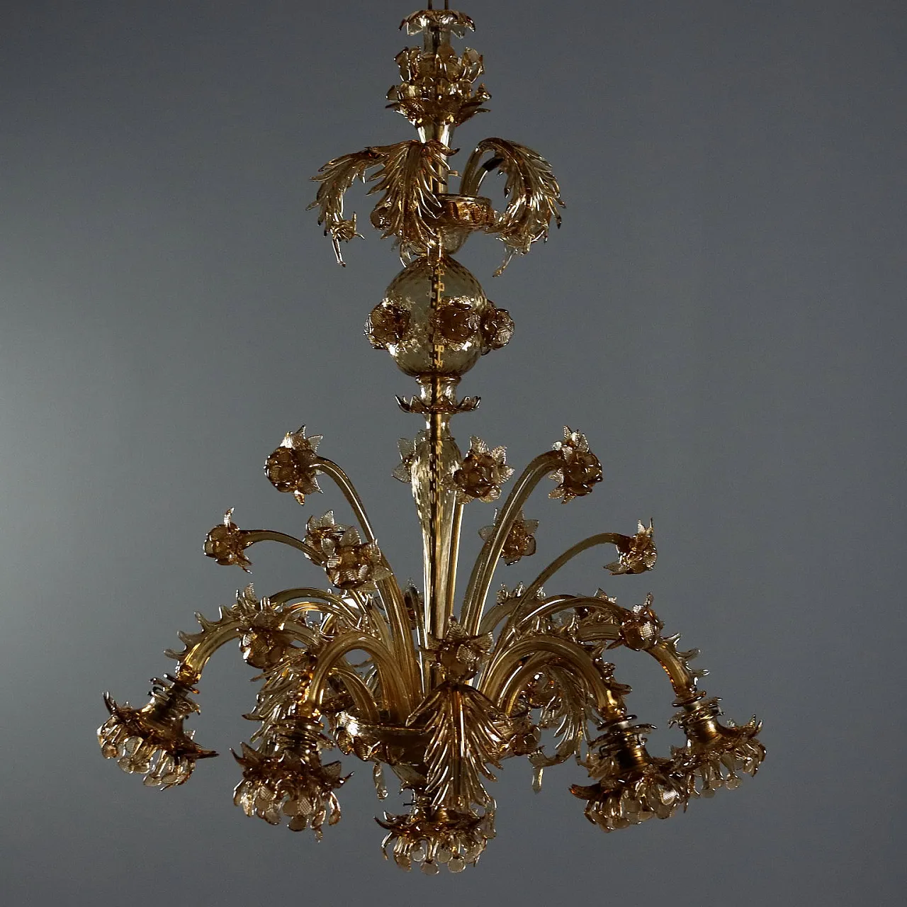 Lampadario in vetro soffiato brunito, '800 1