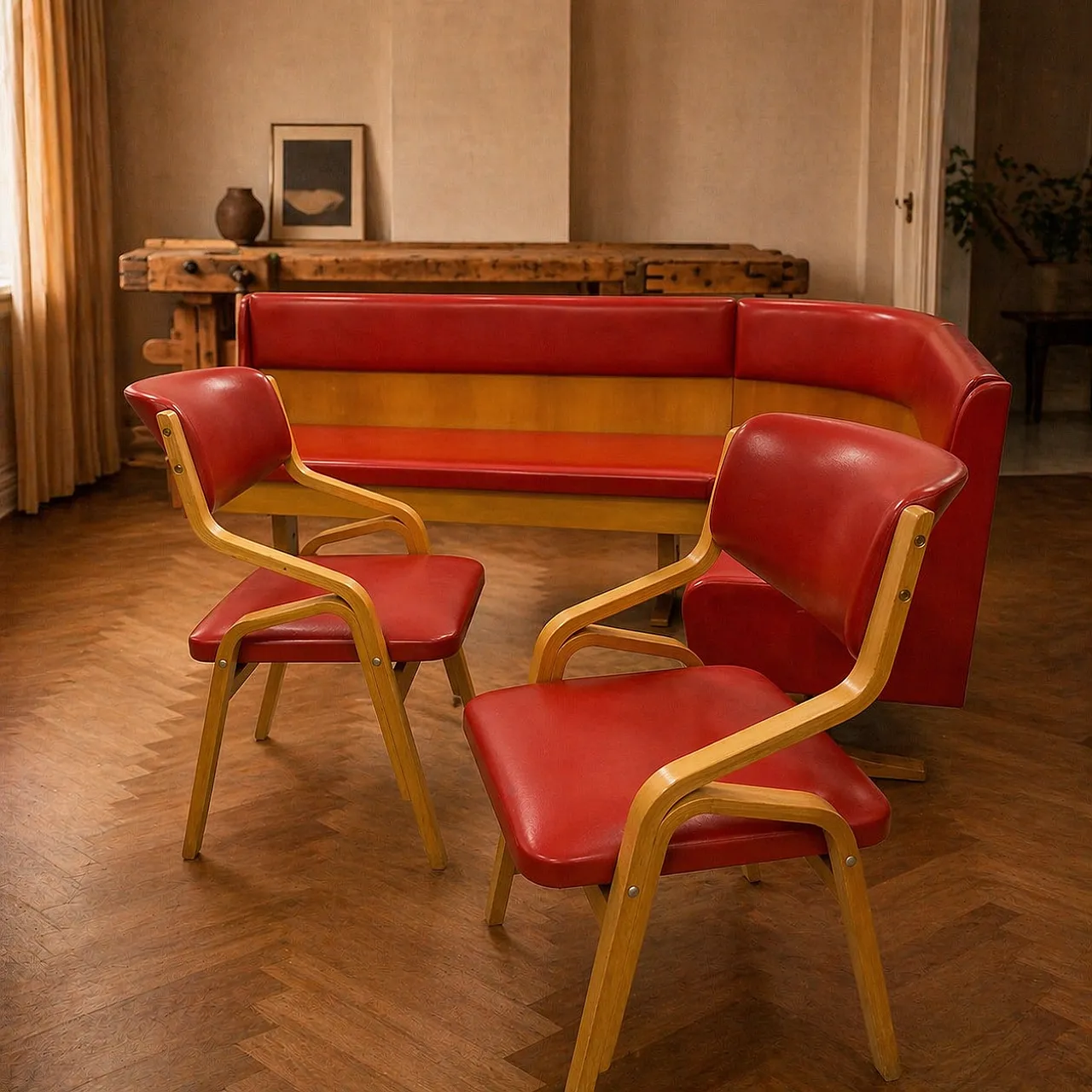Mid-Century Ludvík Volák bench with 2 chairs, 1970s 23