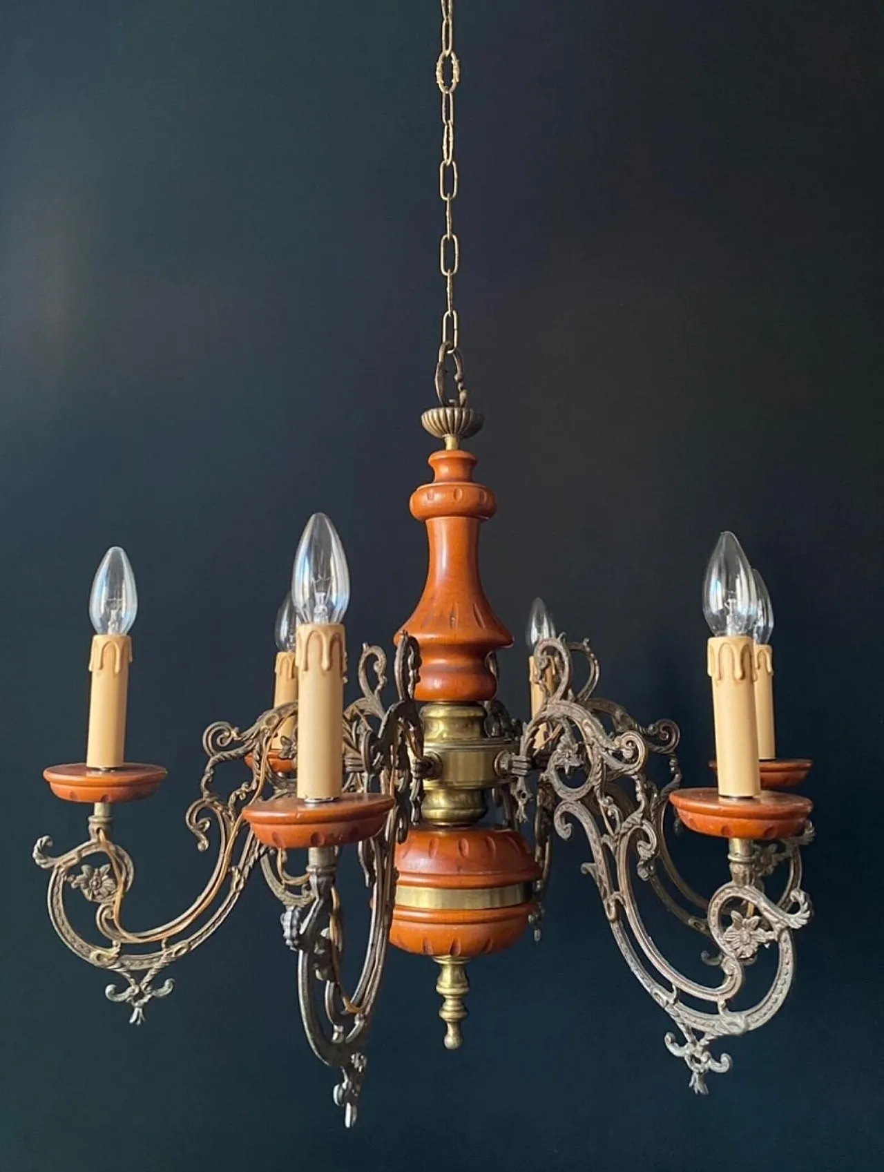 Lampadario in legno e metallo, anni '60 1