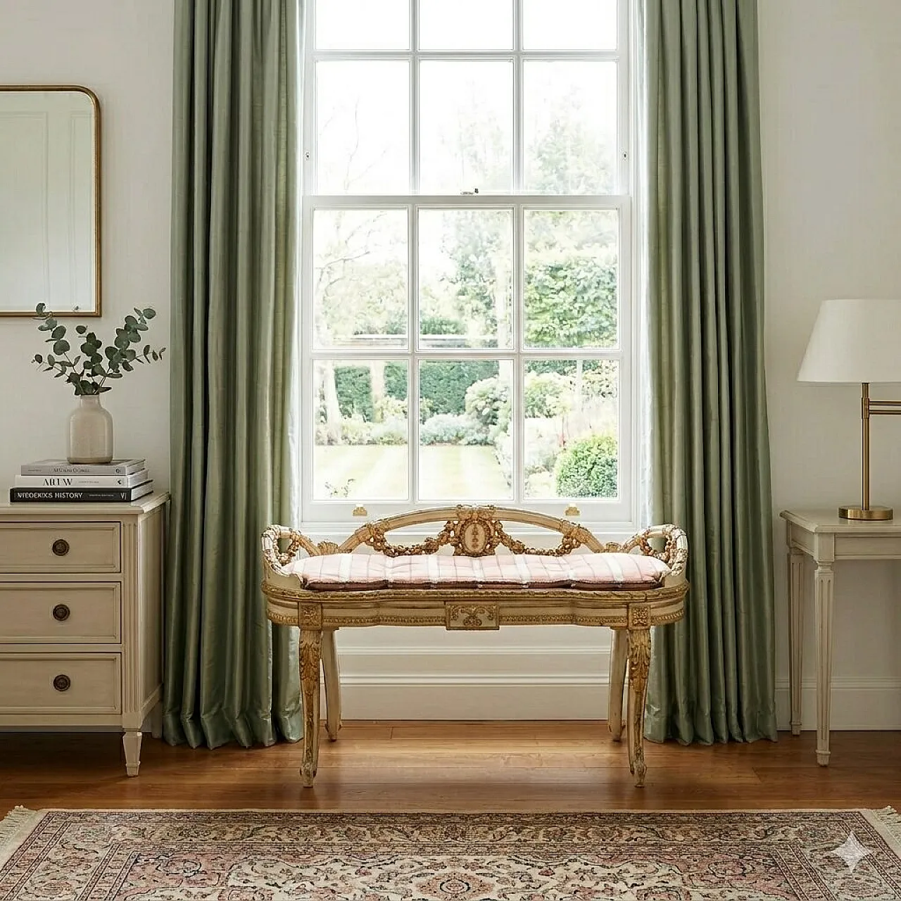 Neoclassical style in carved, lacquered and gilded bench, 19th century 2