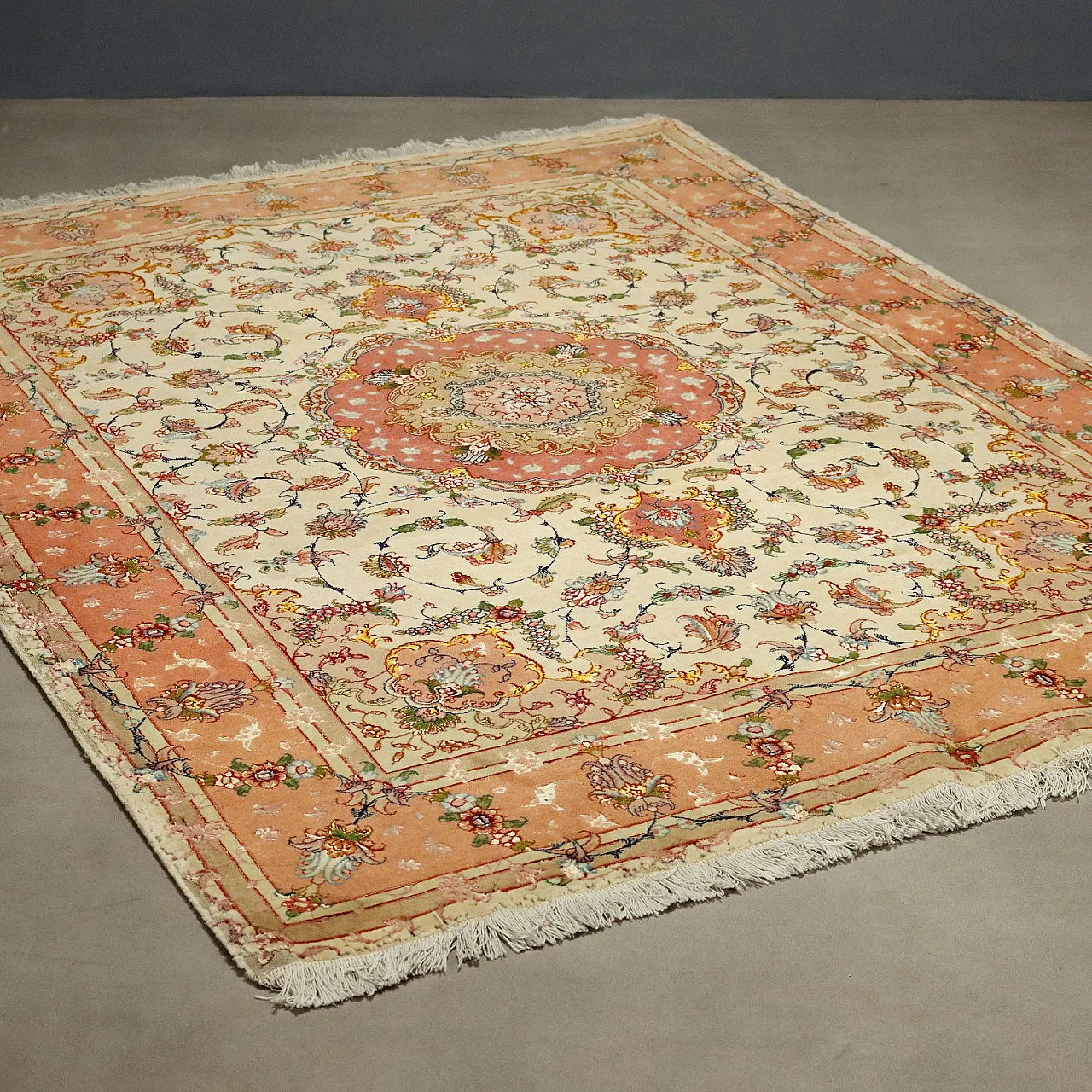 Tappeto Tabriz raggio 60 in cotone, lana e seta, nodo fine, '900 1