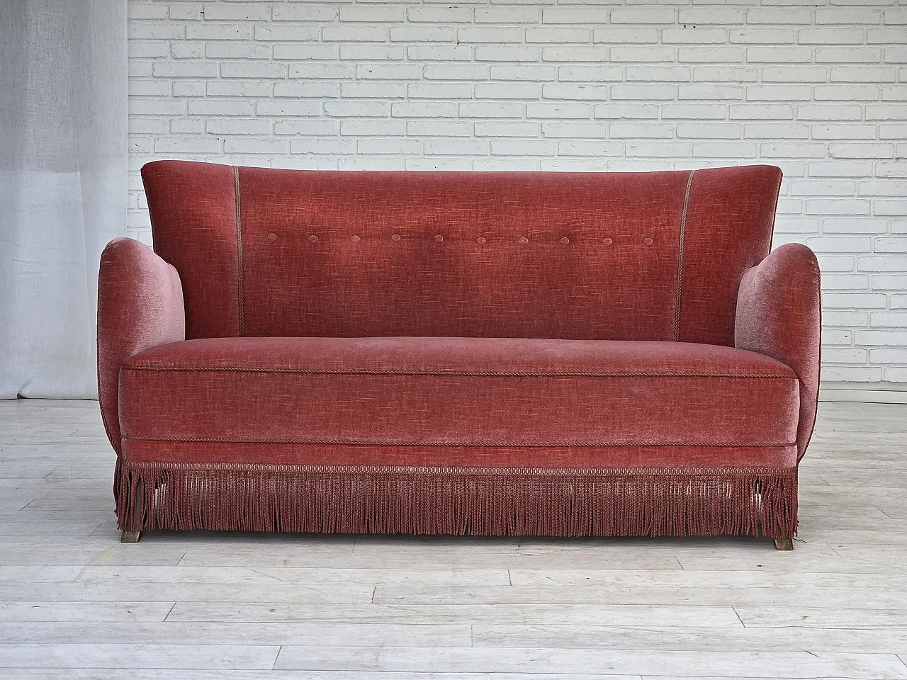 1970s, Danish 2-seater sofa, salmon pink furniture velour, oak wood. 1
