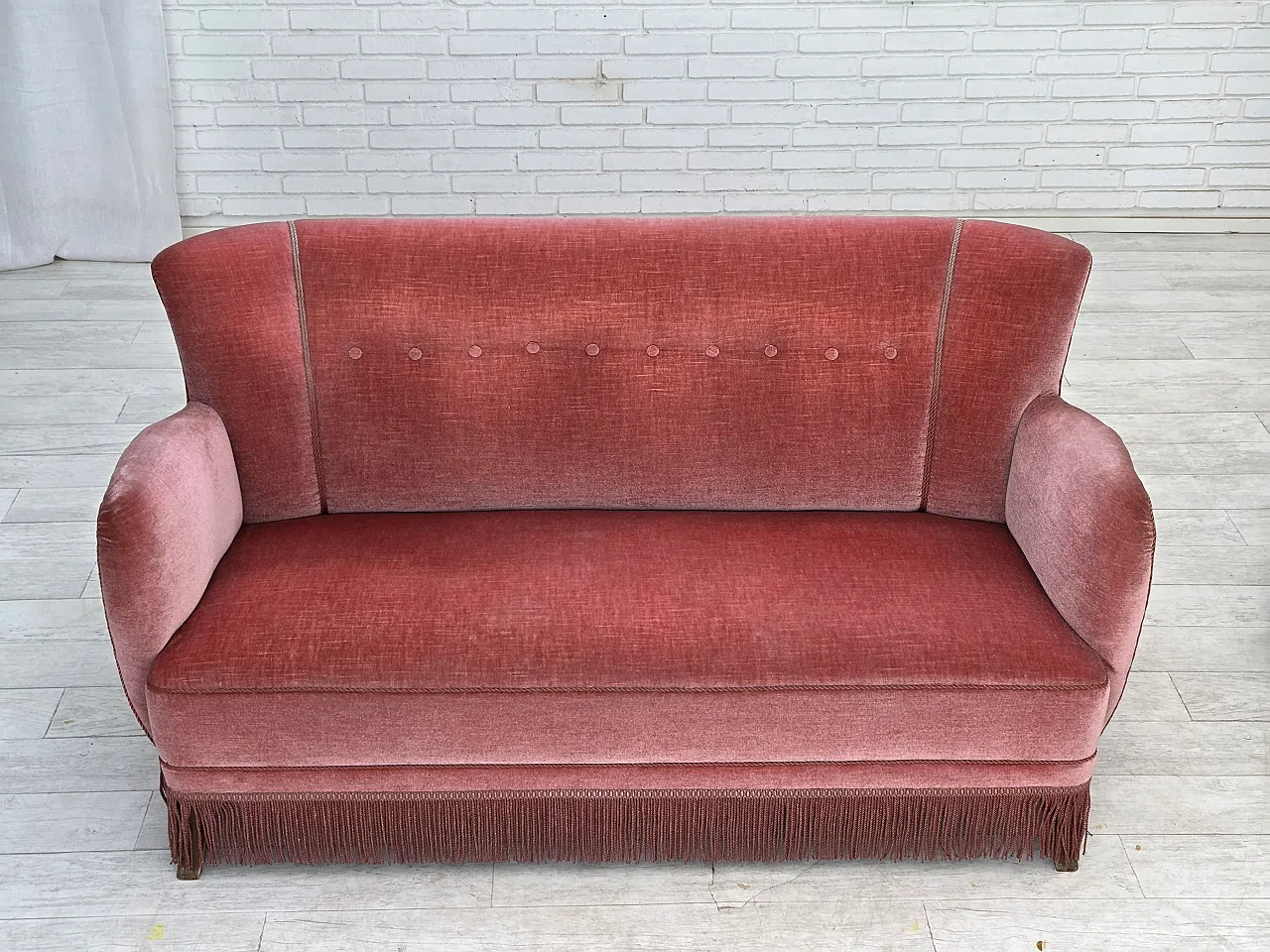 1970s, Danish 2-seater sofa, salmon pink furniture velour, oak wood. 2