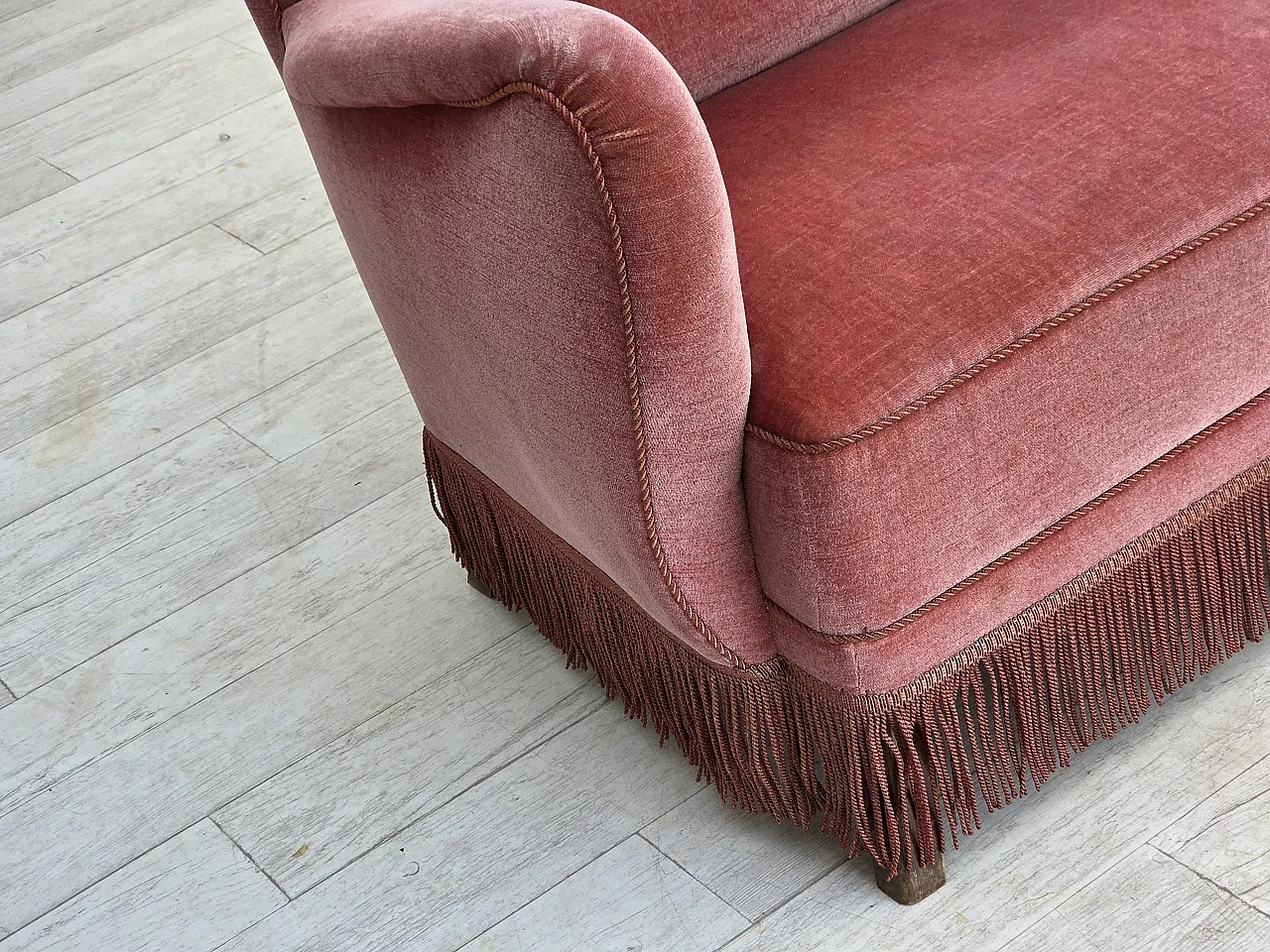 1970s, Danish 2-seater sofa, salmon pink furniture velour, oak wood. 3