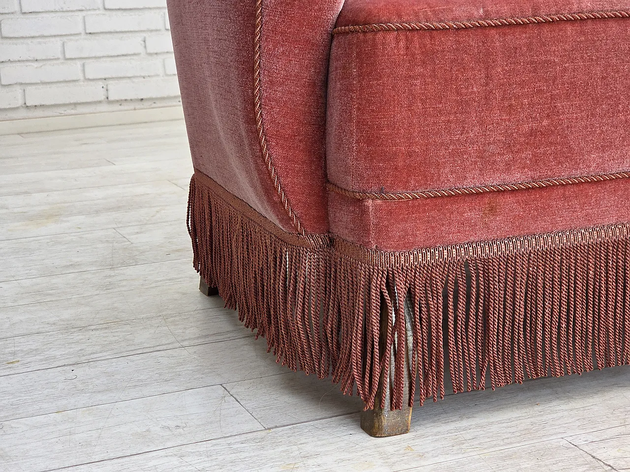 1970s, Danish 2-seater sofa, salmon pink furniture velour, oak wood. 4