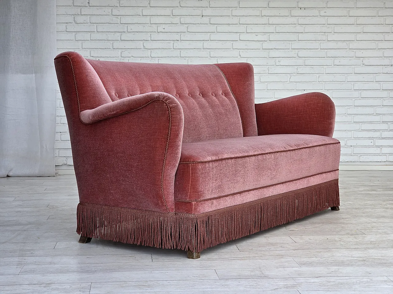 1970s, Danish 2-seater sofa, salmon pink furniture velour, oak wood. 5