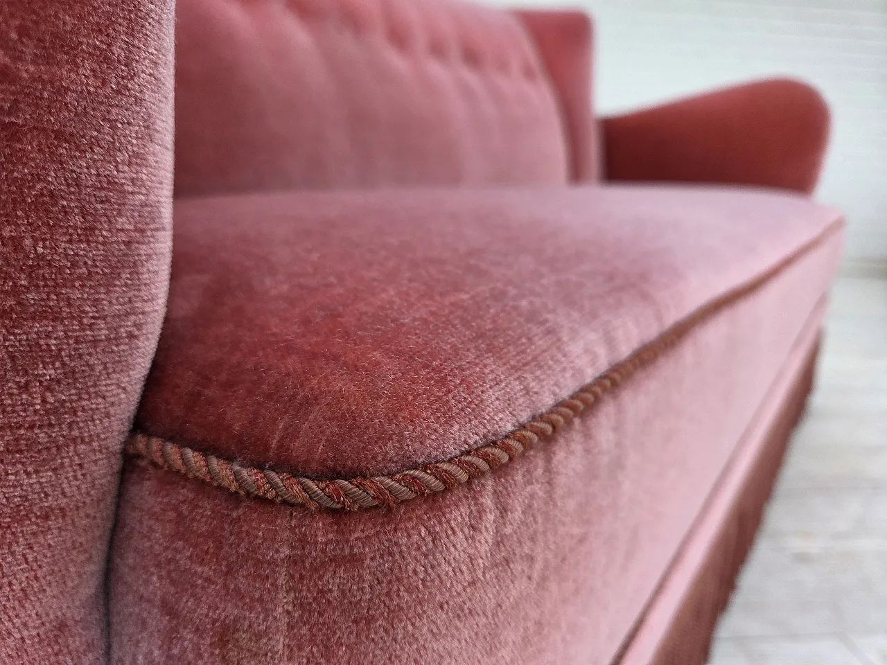 1970s, Danish 2-seater sofa, salmon pink furniture velour, oak wood. 6
