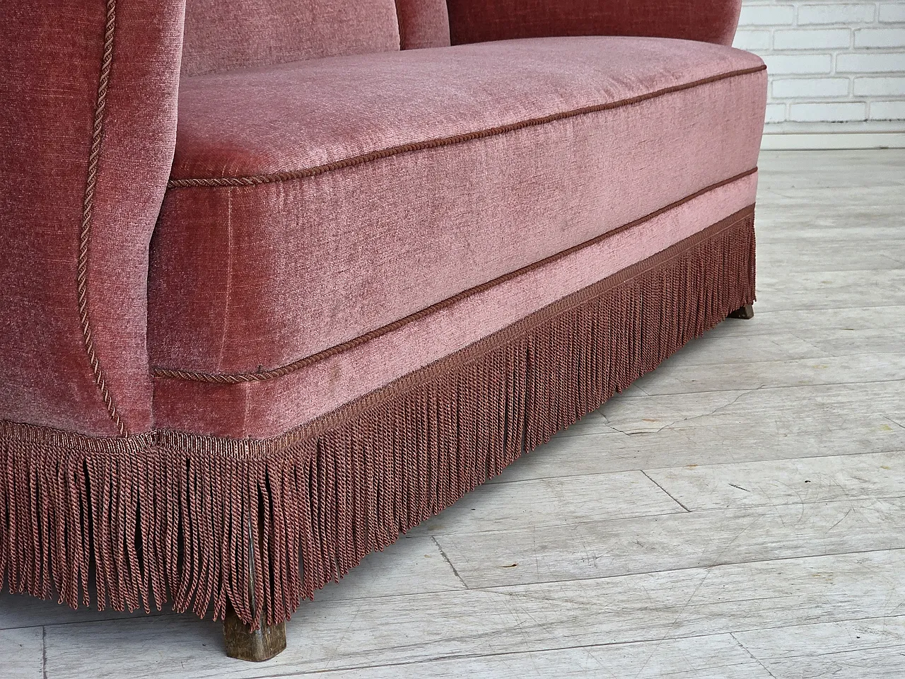 1970s, Danish 2-seater sofa, salmon pink furniture velour, oak wood. 7