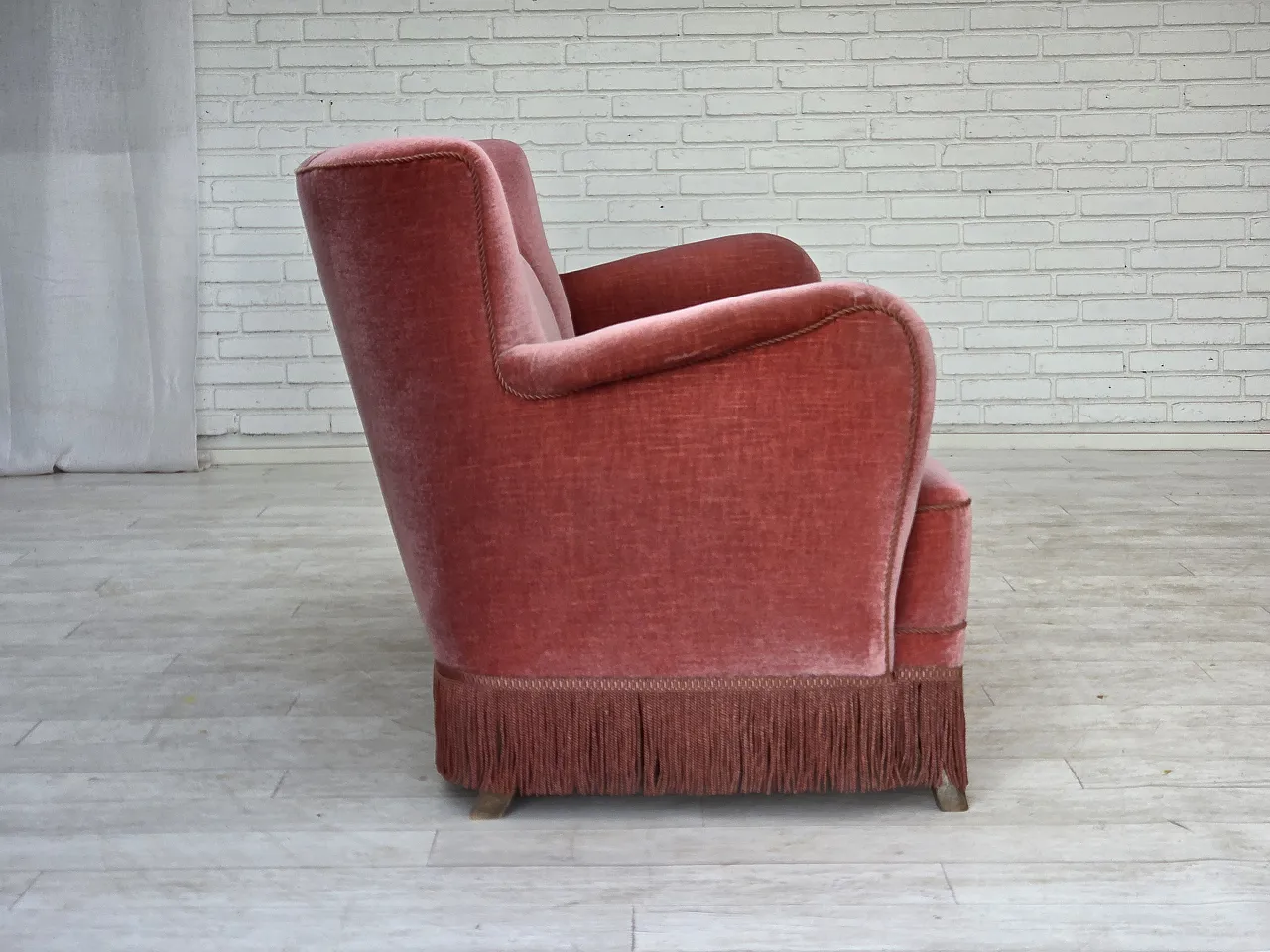 1970s, Danish 2-seater sofa, salmon pink furniture velour, oak wood. 8