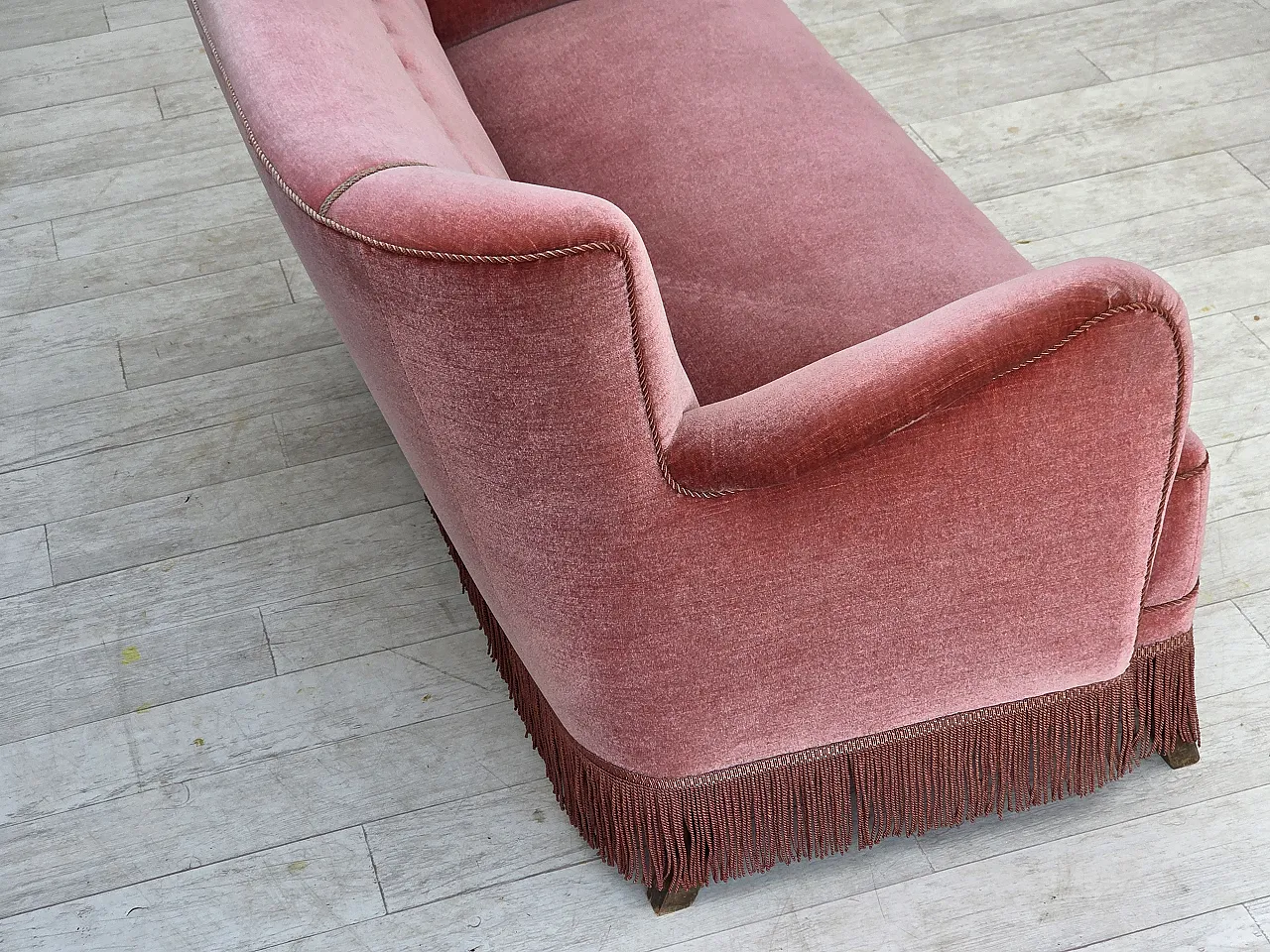 1970s, Danish 2-seater sofa, salmon pink furniture velour, oak wood. 9