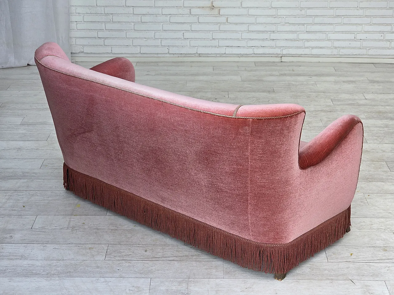1970s, Danish 2-seater sofa, salmon pink furniture velour, oak wood. 10