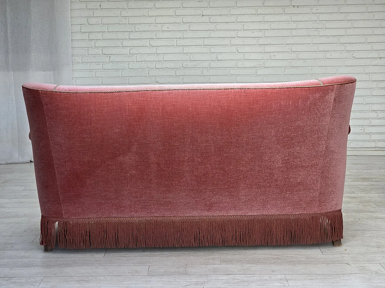 1970s, Danish 2-seater sofa, salmon pink furniture velour, oak wood. 11
