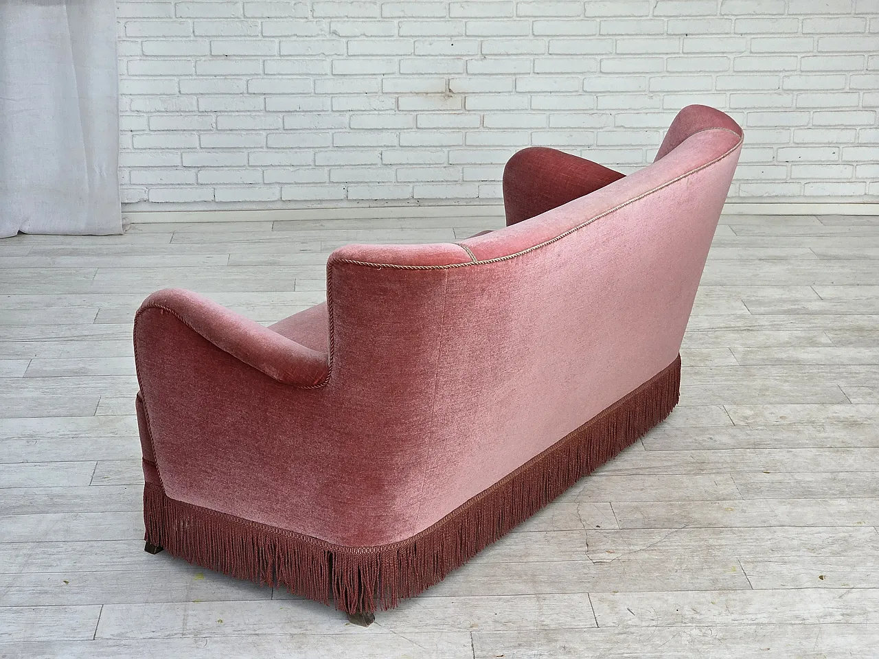 1970s, Danish 2-seater sofa, salmon pink furniture velour, oak wood. 12