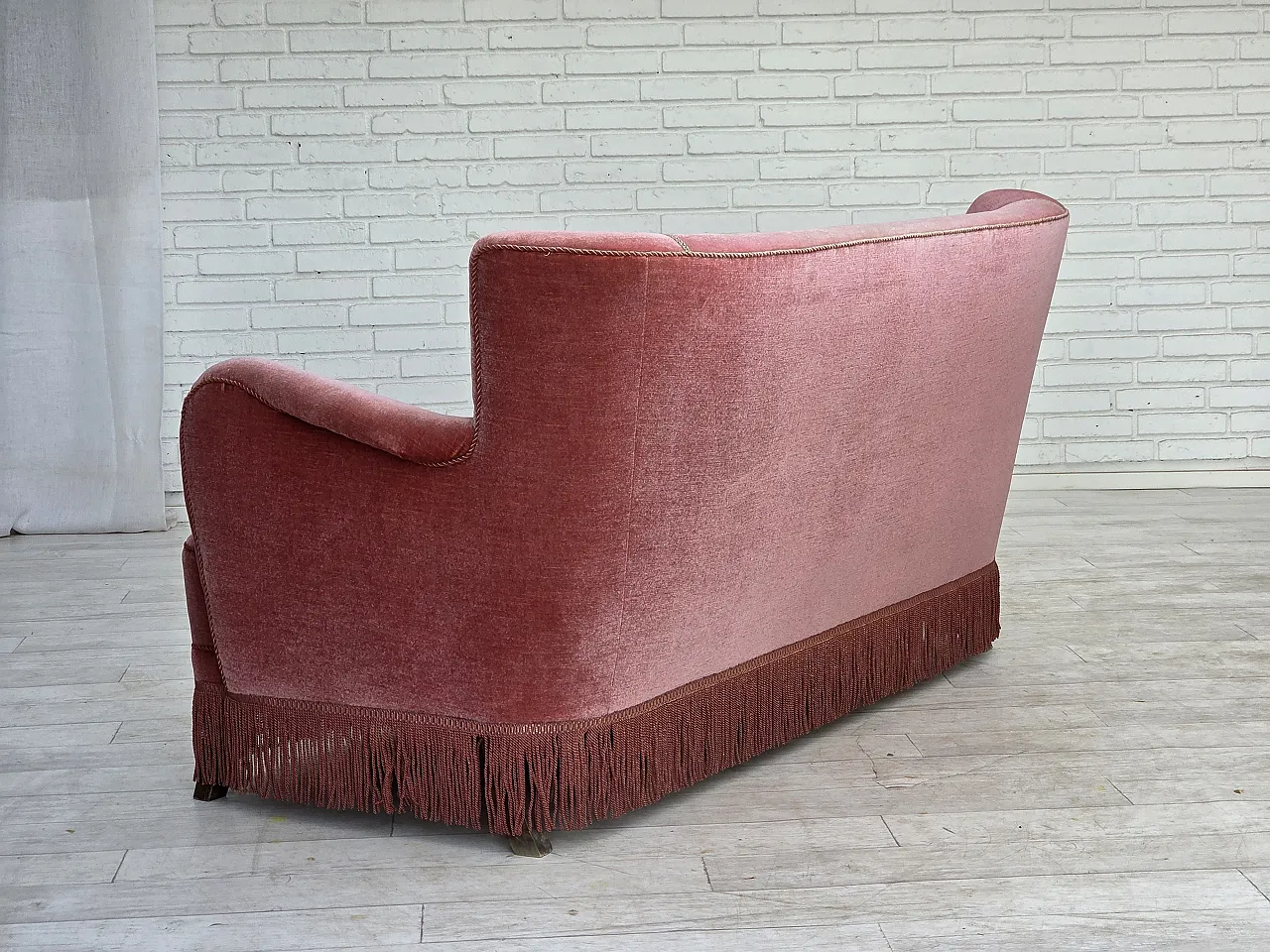 1970s, Danish 2-seater sofa, salmon pink furniture velour, oak wood. 13