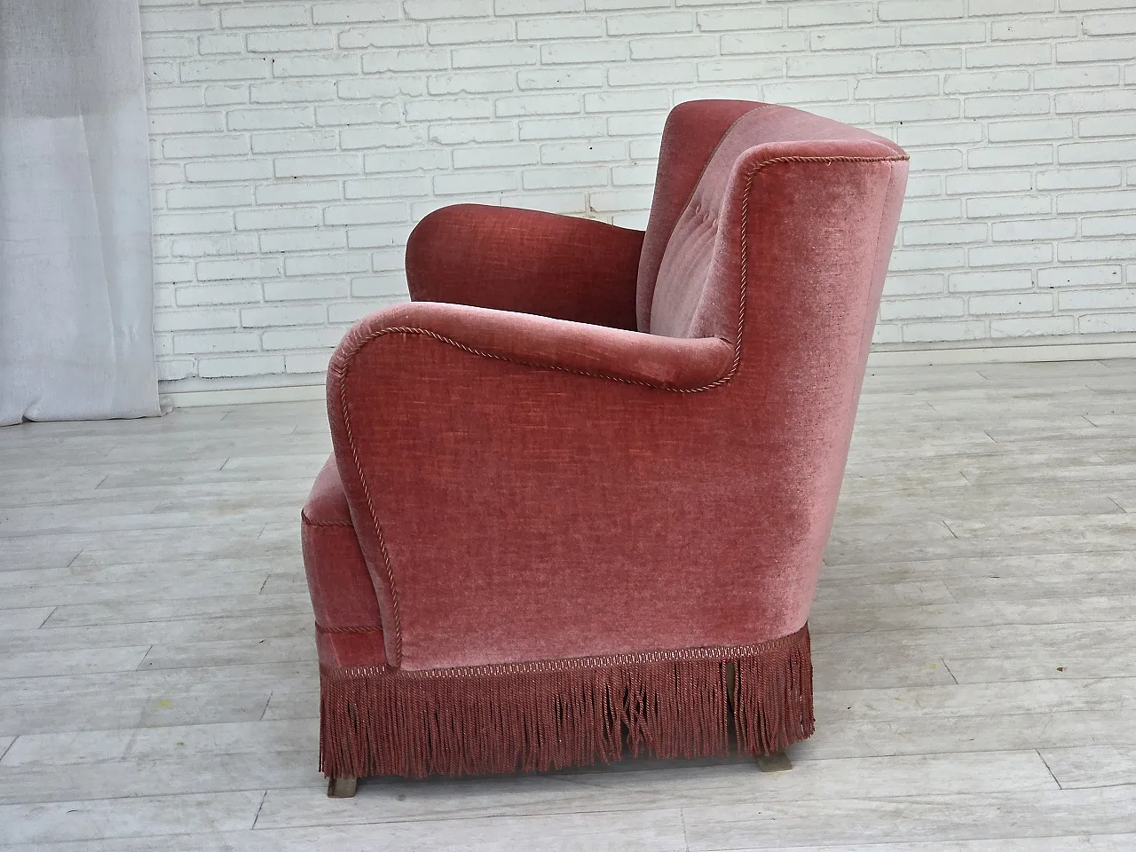 1970s, Danish 2-seater sofa, salmon pink furniture velour, oak wood. 14