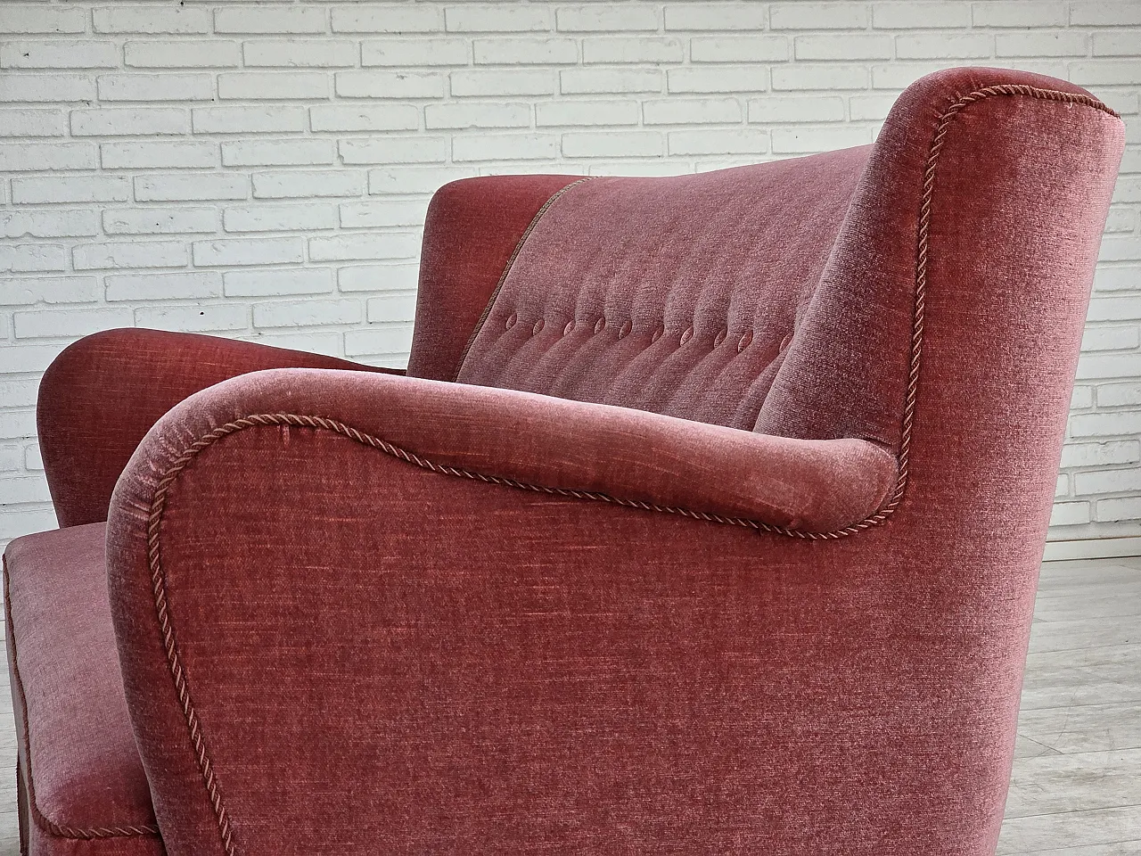 1970s, Danish 2-seater sofa, salmon pink furniture velour, oak wood. 15