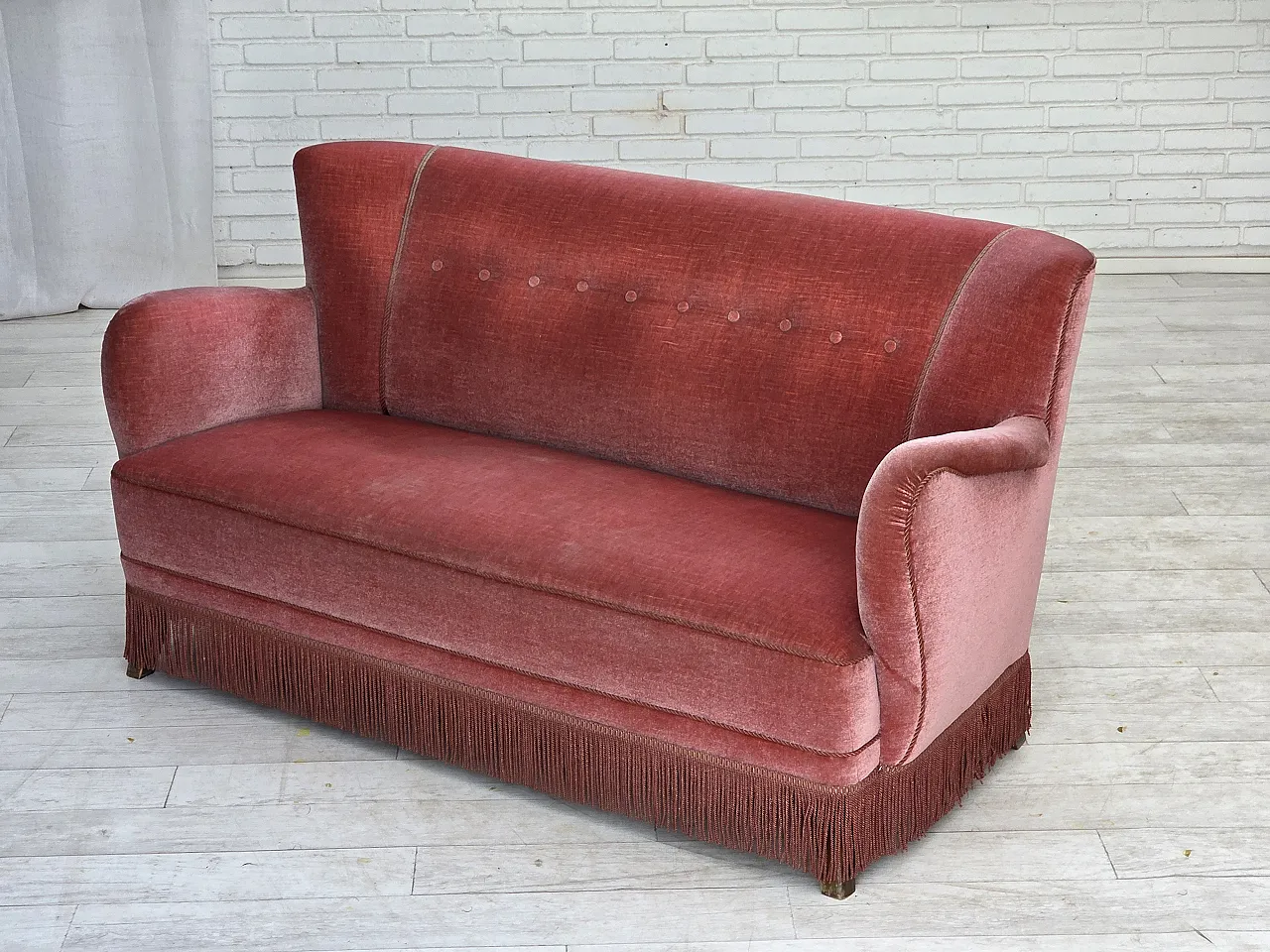 1970s, Danish 2-seater sofa, salmon pink furniture velour, oak wood. 16