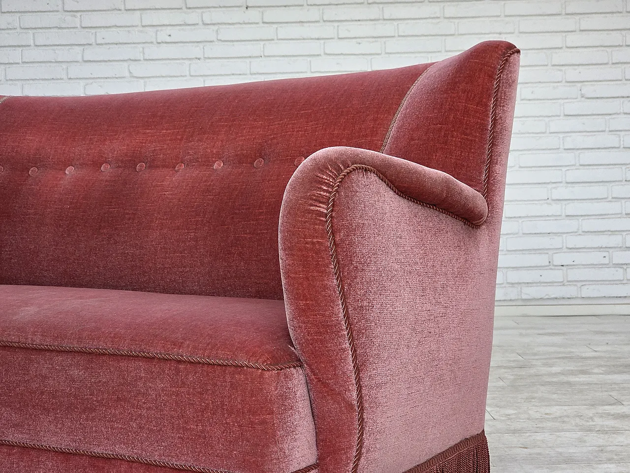1970s, Danish 2-seater sofa, salmon pink furniture velour, oak wood. 17
