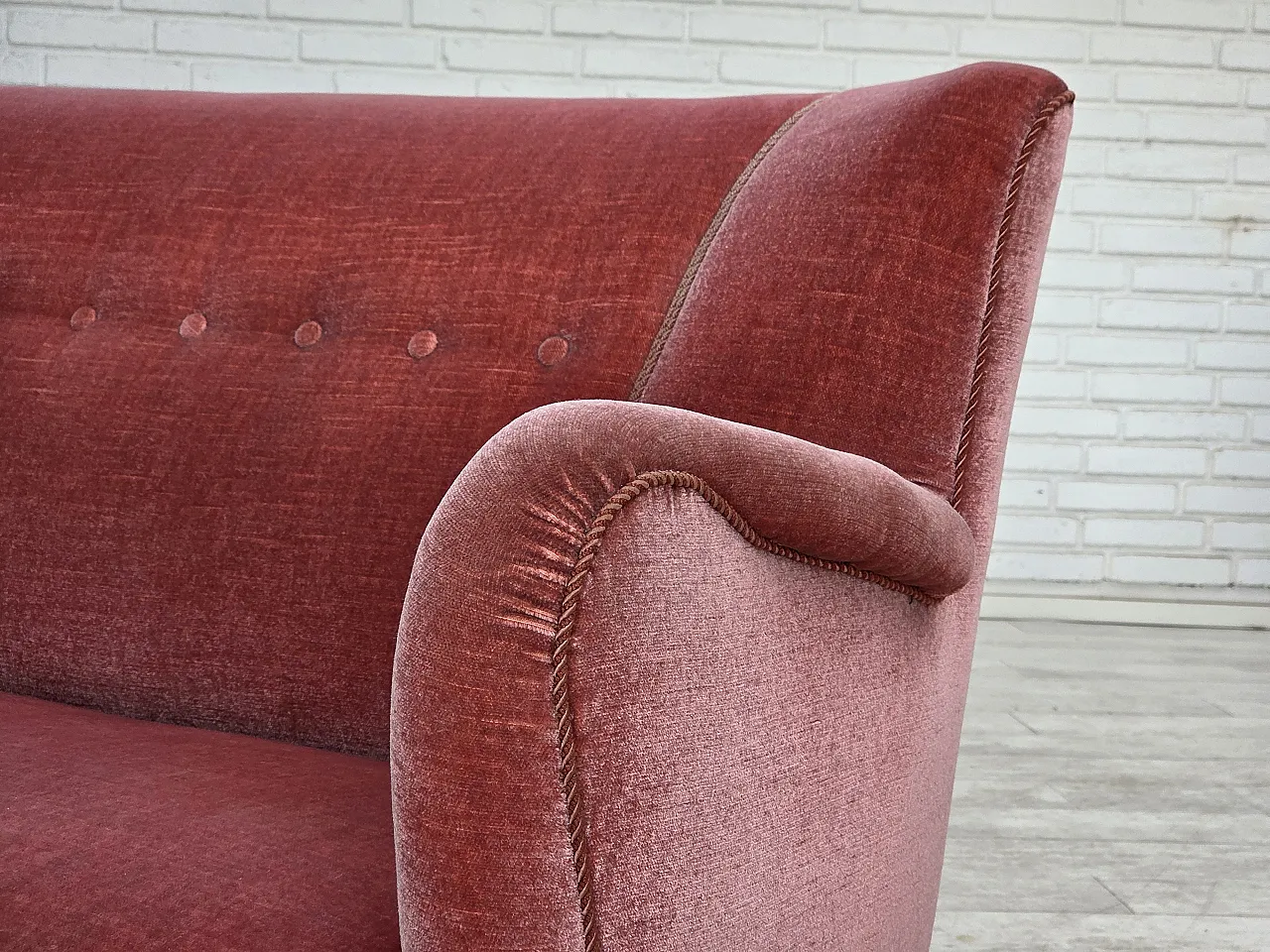 1970s, Danish 2-seater sofa, salmon pink furniture velour, oak wood. 18