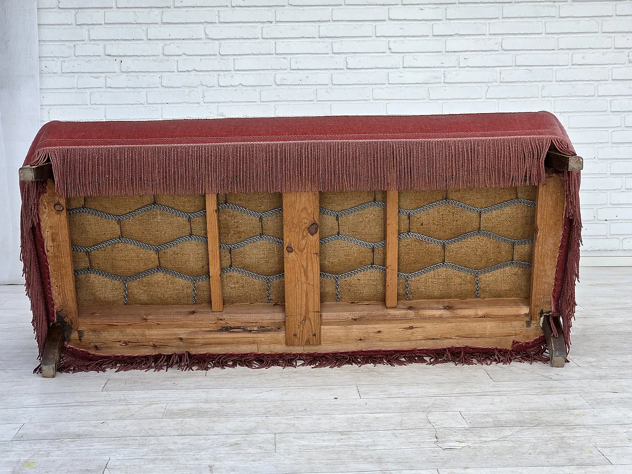 1970s, Danish 2-seater sofa, salmon pink furniture velour, oak wood. 19