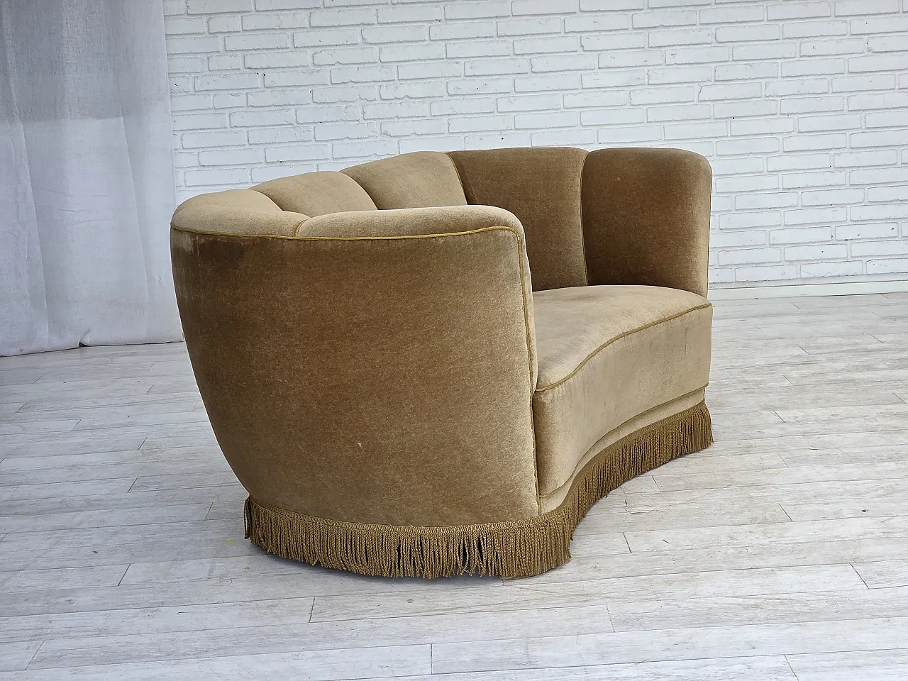 1960s, Danish "Banana" 2-seater sofa, furniture velour, oak wood. 1