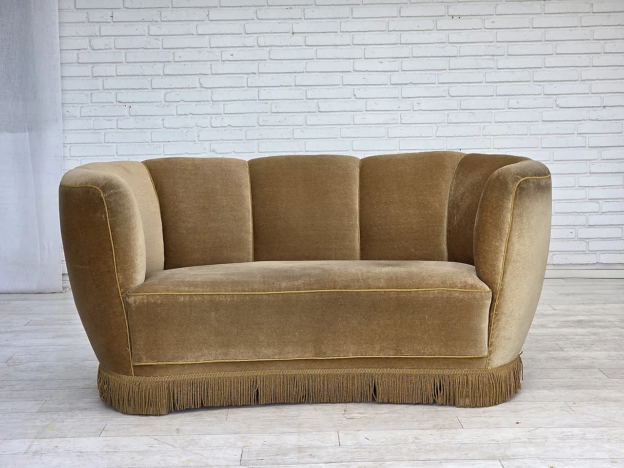 1960s, Danish "Banana" 2-seater sofa, furniture velour, oak wood. 2