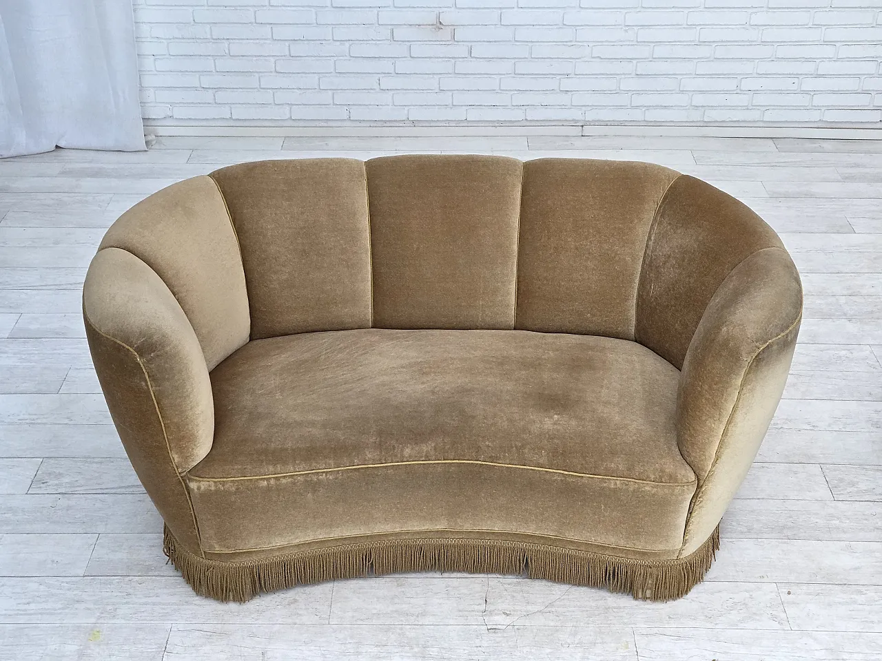 1960s, Danish "Banana" 2-seater sofa, furniture velour, oak wood. 3