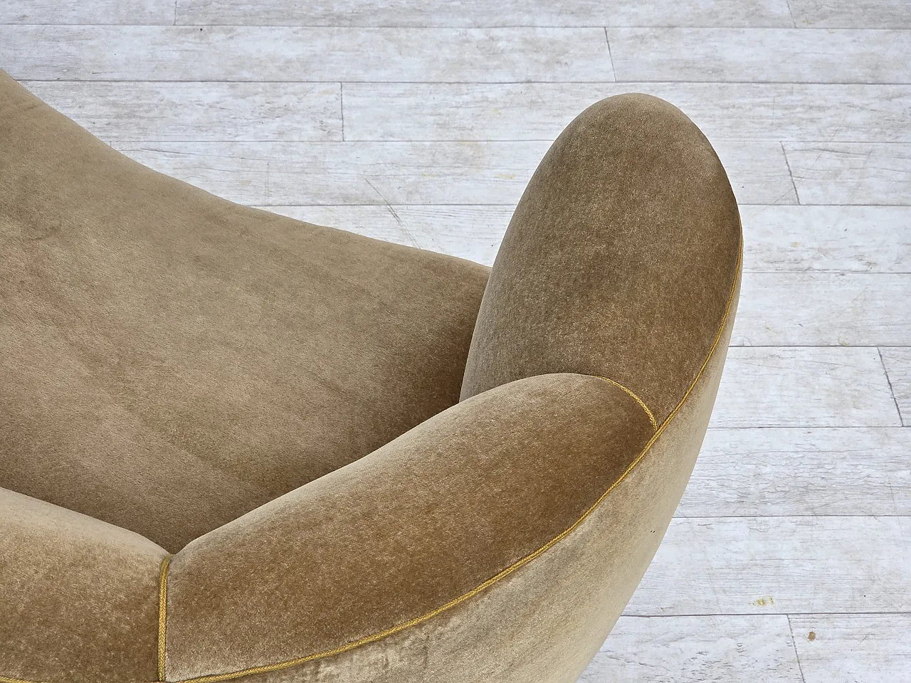 1960s, Danish "Banana" 2-seater sofa, furniture velour, oak wood. 10