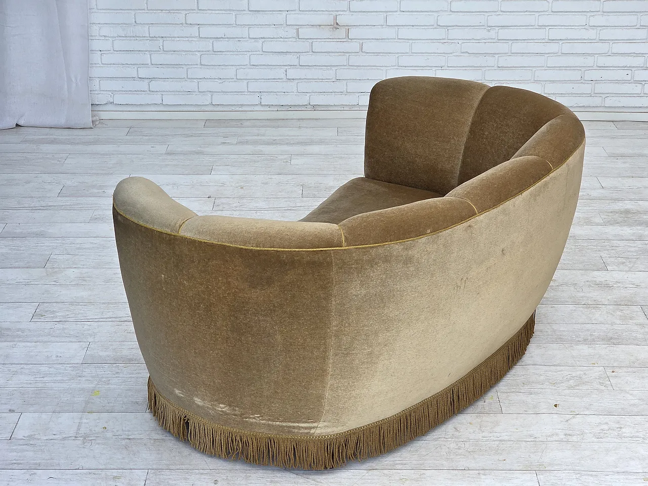 1960s, Danish "Banana" 2-seater sofa, furniture velour, oak wood. 13
