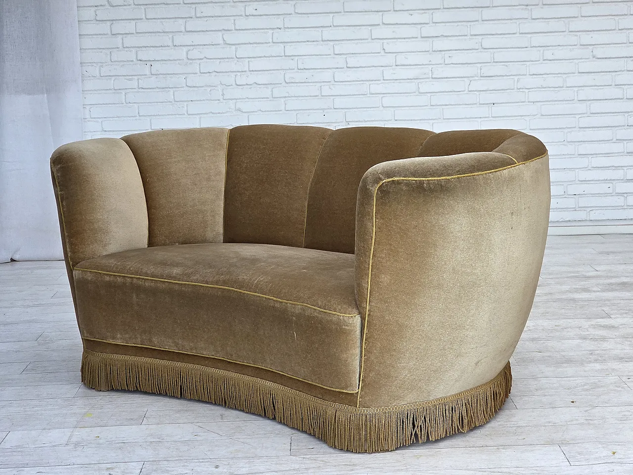 1960s, Danish "Banana" 2-seater sofa, furniture velour, oak wood. 15
