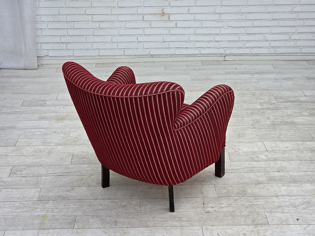 Anni '60, poltrona danese, mobili in lana a righe rosse, gambe in legno di quercia. 8