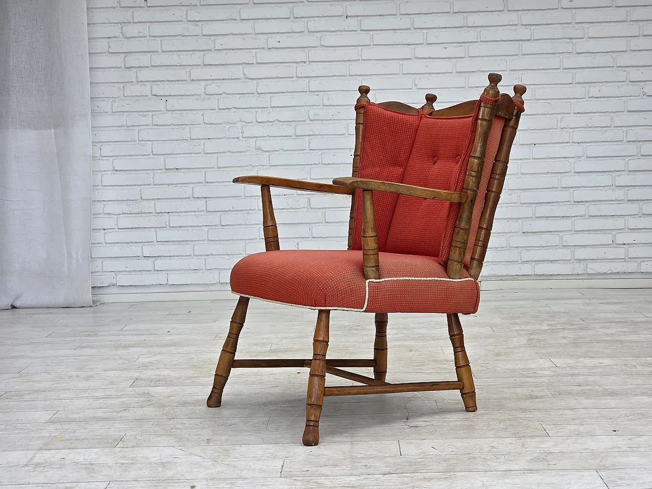 Anni '60, poltrona scandinava, mobili in lana rossa, legno di faggio. 3