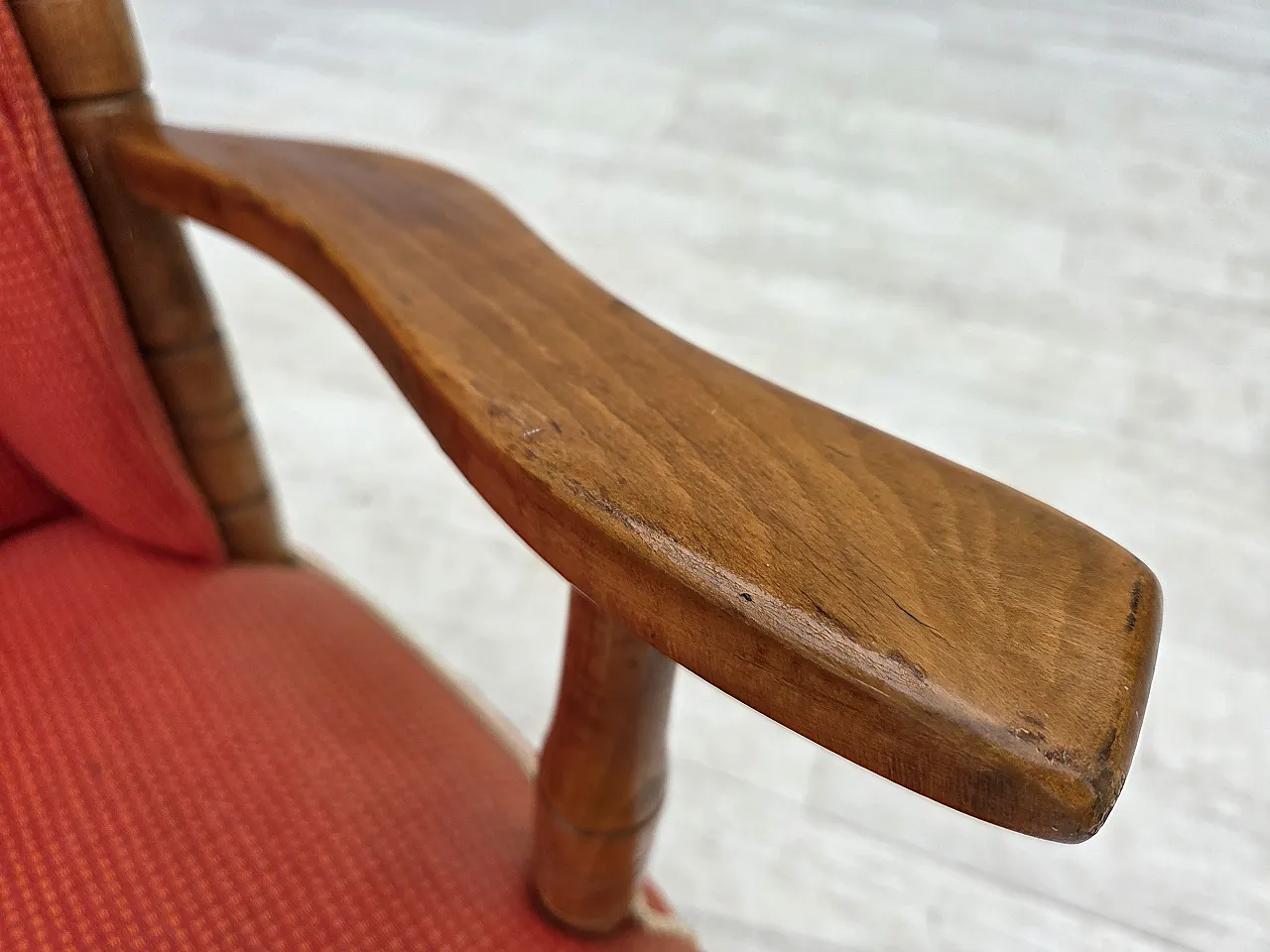 Anni '60, poltrona scandinava, mobili in lana rossa, legno di faggio. 14