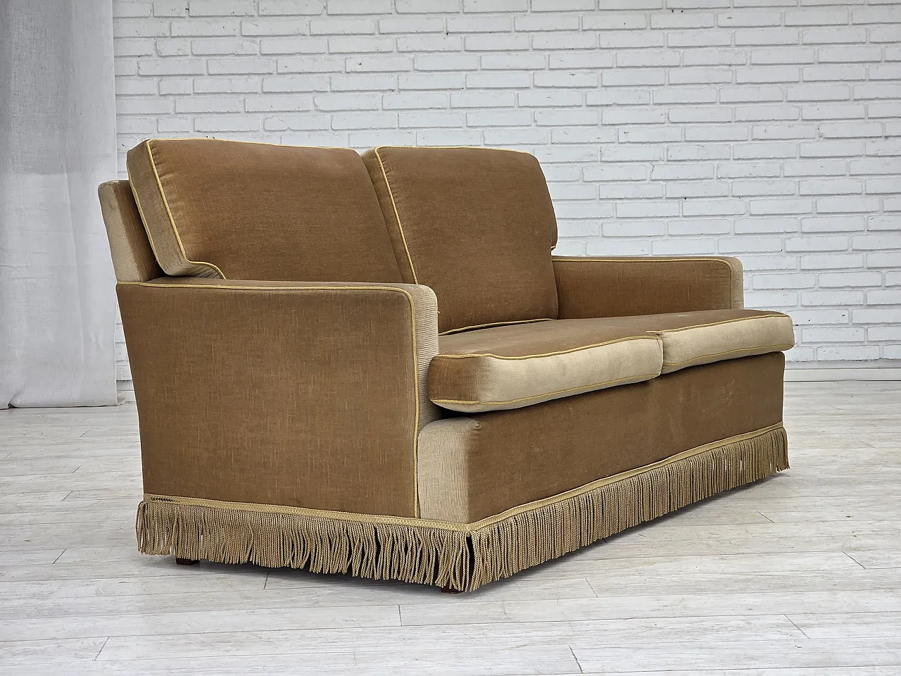1970s, Danish 2-seater sofa, honey yellow furniture velour. 1