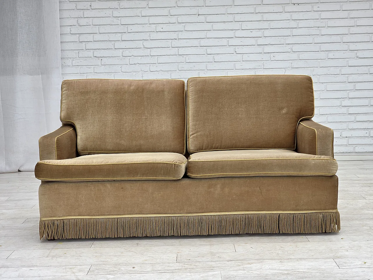 1970s, Danish 2-seater sofa, honey yellow furniture velour. 2