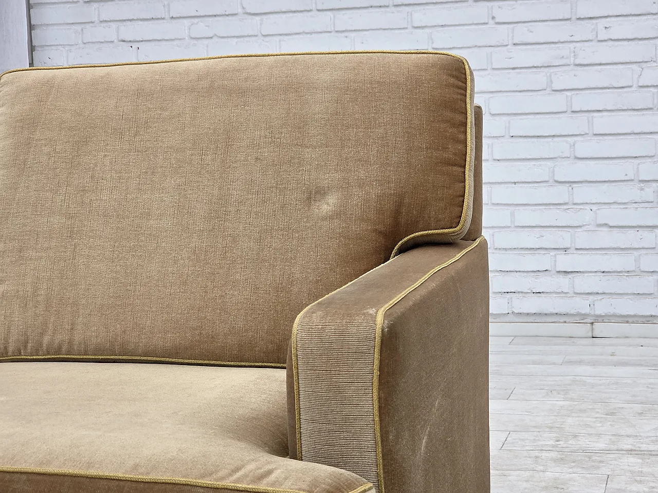 1970s, Danish 2-seater sofa, honey yellow furniture velour. 3
