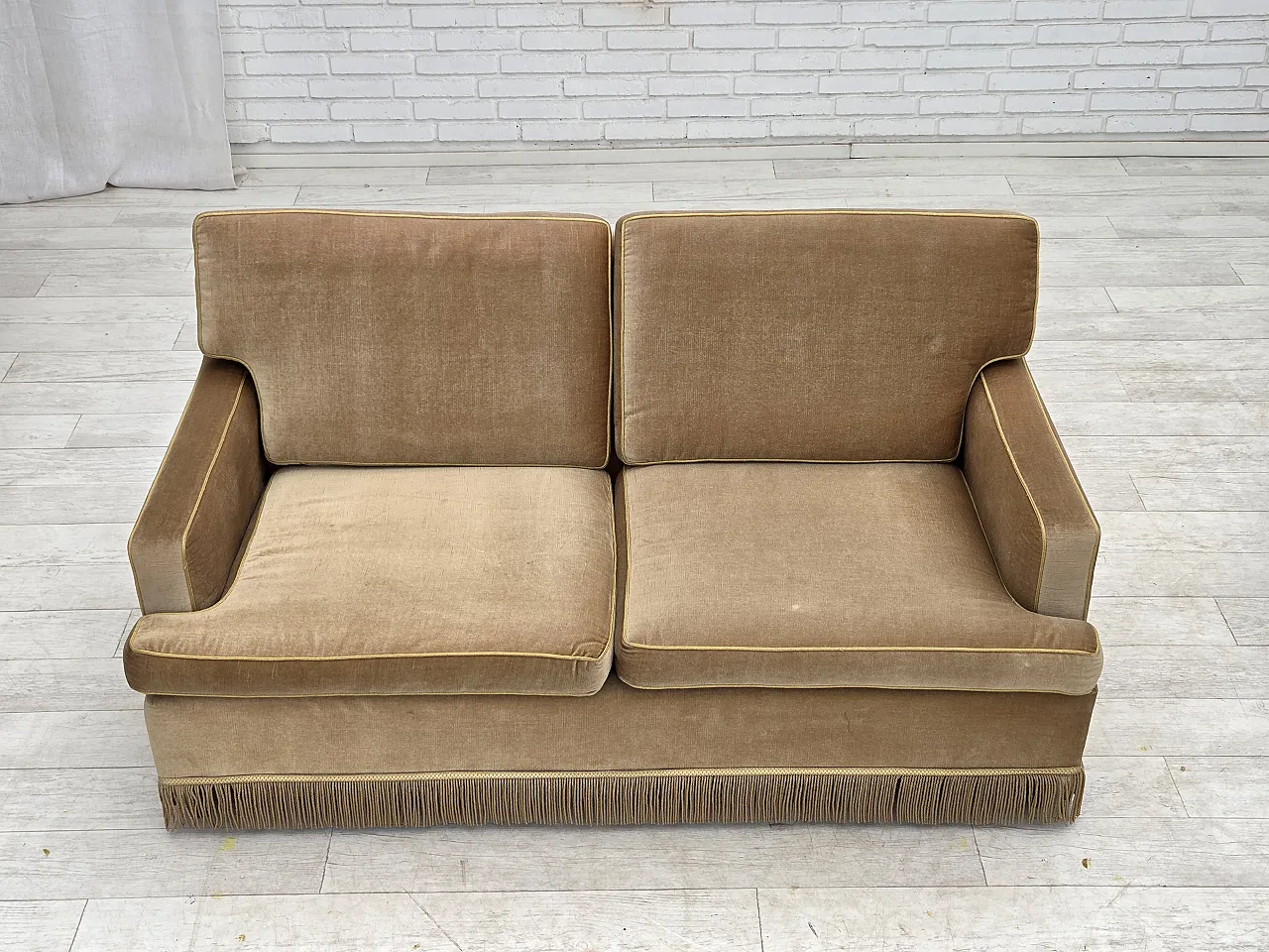 1970s, Danish 2-seater sofa, honey yellow furniture velour. 4