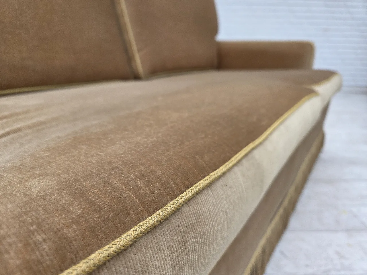 1970s, Danish 2-seater sofa, honey yellow furniture velour. 6