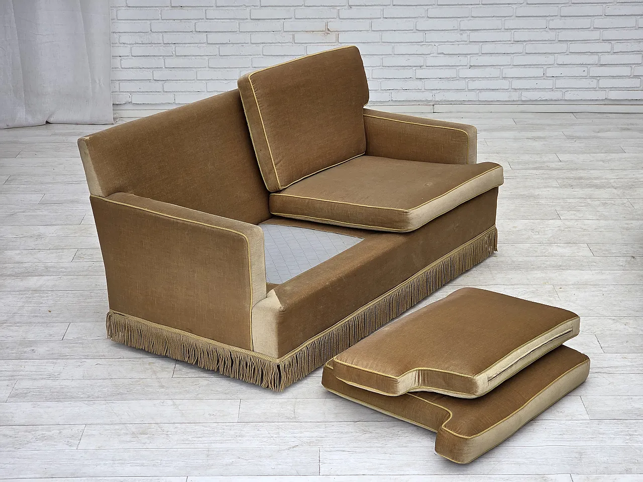 1970s, Danish 2-seater sofa, honey yellow furniture velour. 7