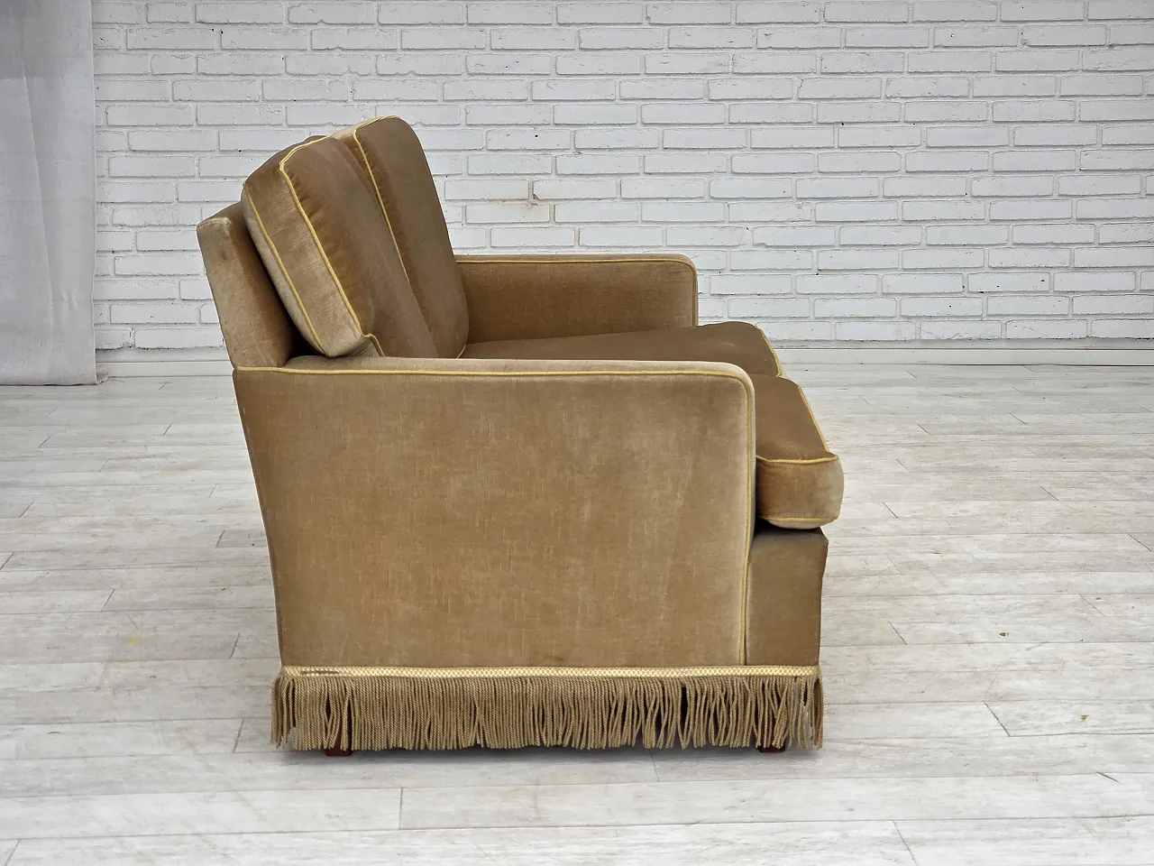 1970s, Danish 2-seater sofa, honey yellow furniture velour. 8