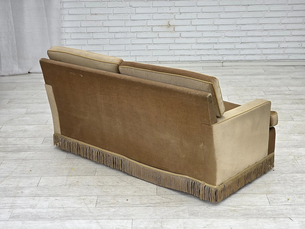 1970s, Danish 2-seater sofa, honey yellow furniture velour. 9