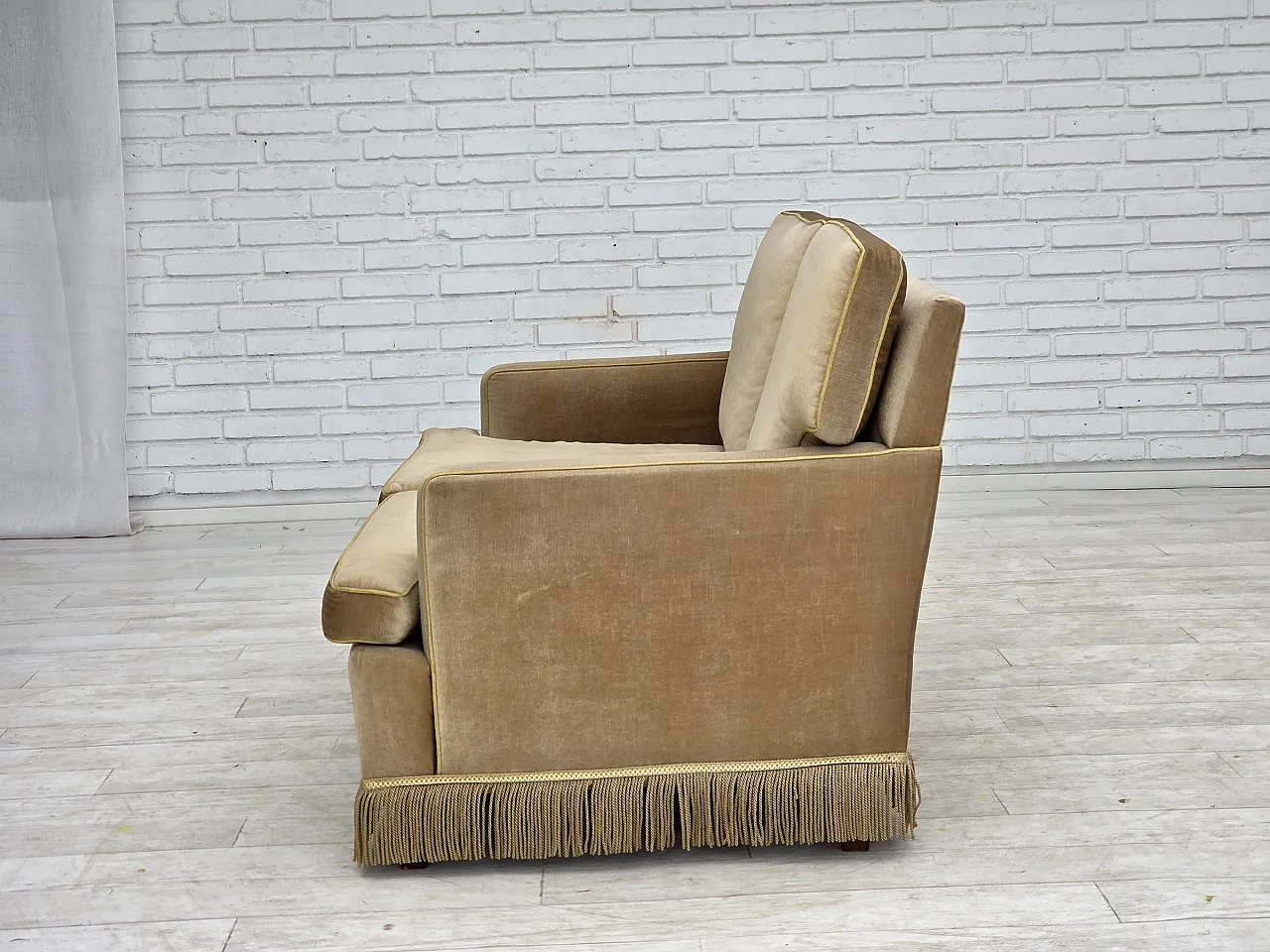 1970s, Danish 2-seater sofa, honey yellow furniture velour. 12