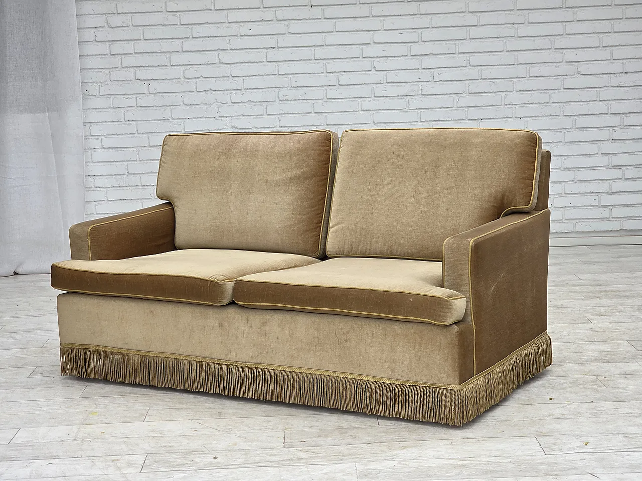 1970s, Danish 2-seater sofa, honey yellow furniture velour. 13