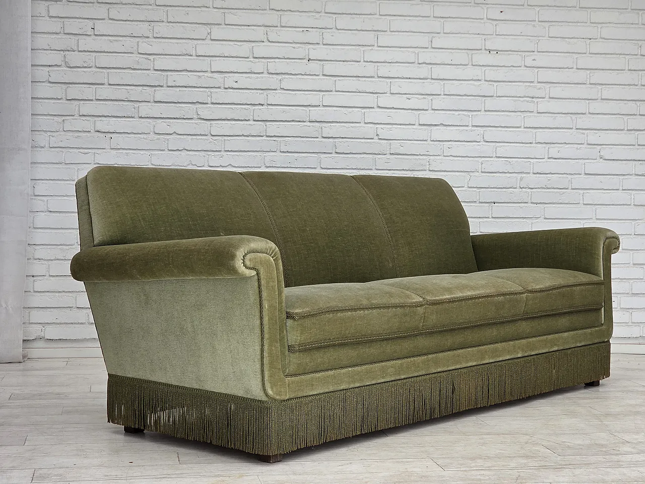 1970s, Danish 3-seater sofa, green furniture velour, beech wood. 1