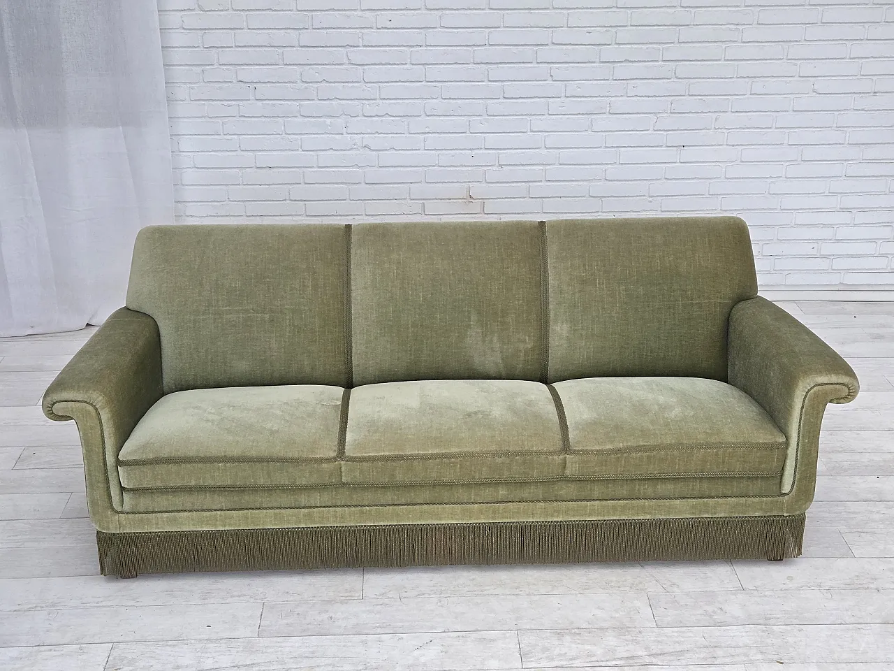 1970s, Danish 3-seater sofa, green furniture velour, beech wood. 2
