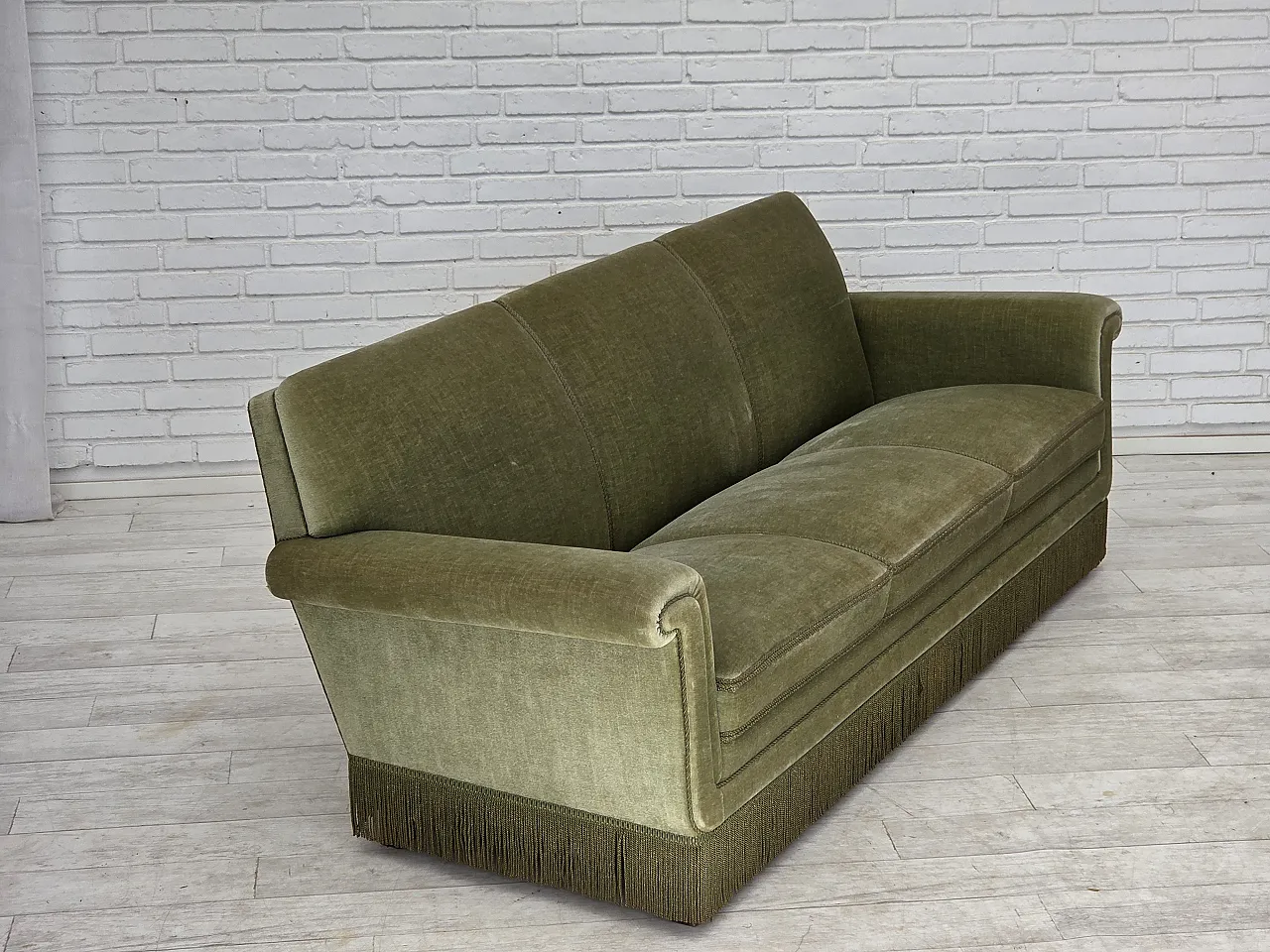 1970s, Danish 3-seater sofa, green furniture velour, beech wood. 5